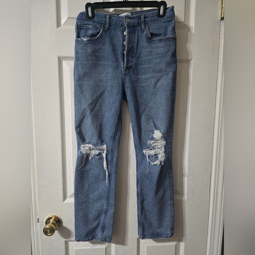 AGOLDE Riley High Rise Straight Crop, Button-Fly, Medium Destructed Wash, EUC! - Picture 2 of 13
